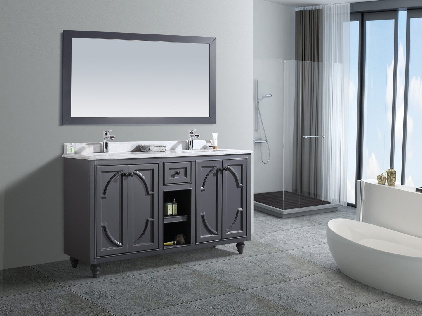 Odyssey 60" Maple Grey Double Sink Bathroom Vanity with White Carrara Marble Countertop