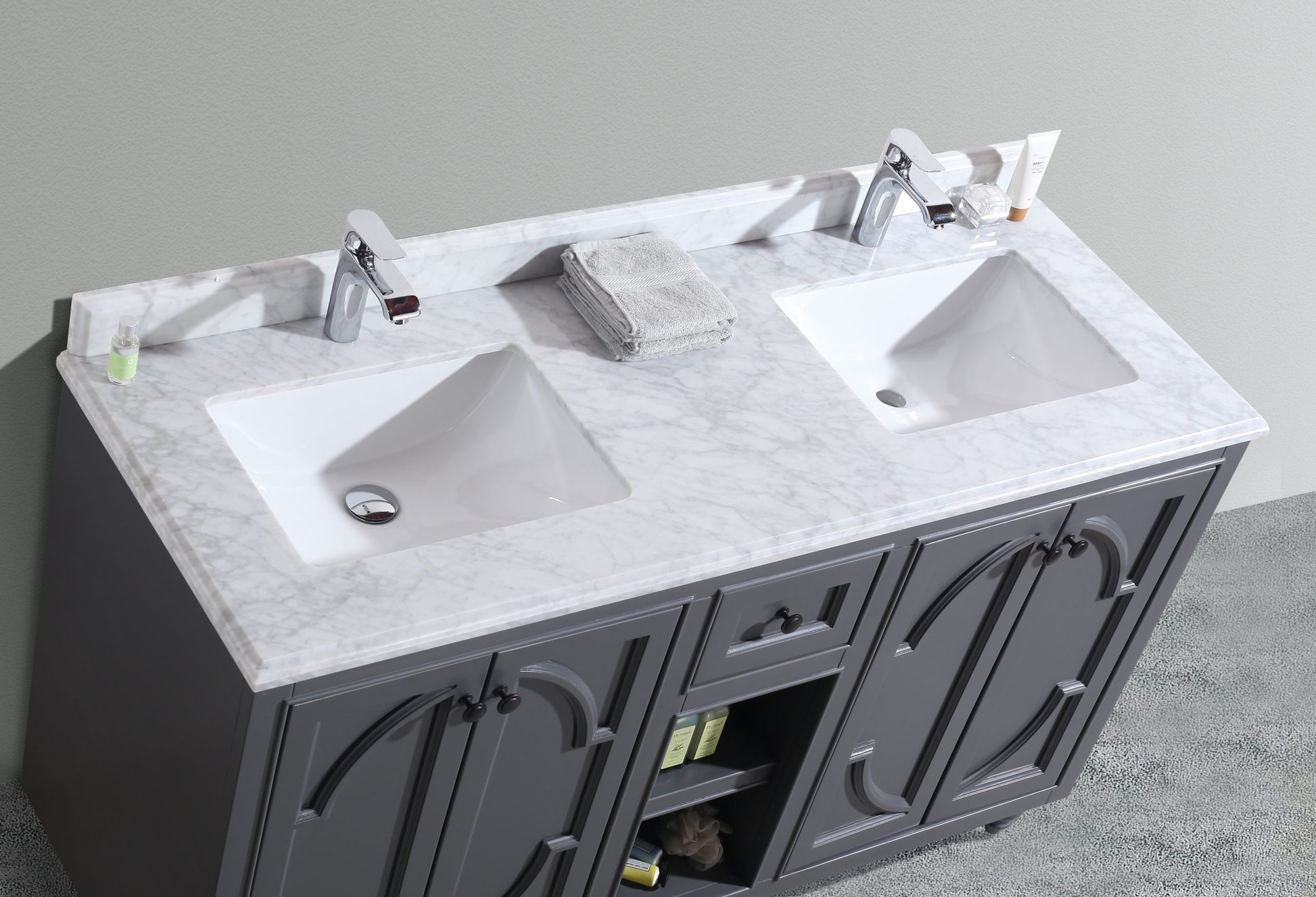 Odyssey 60" Maple Grey Double Sink Bathroom Vanity with White Carrara Marble Countertop