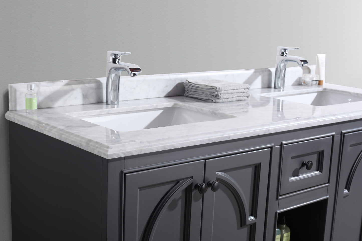 Odyssey 60" Maple Grey Double Sink Bathroom Vanity with White Carrara Marble Countertop