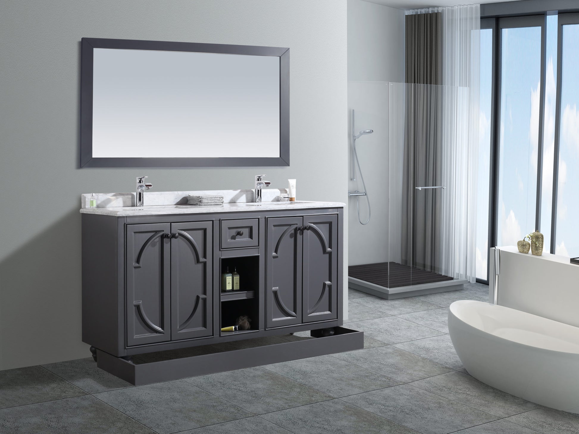 Odyssey 60" Maple Grey Double Sink Bathroom Vanity with White Carrara Marble Countertop