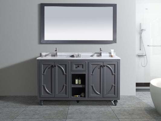 Odyssey 60" Maple Grey Double Sink Bathroom Vanity with White Stripes Marble Countertop