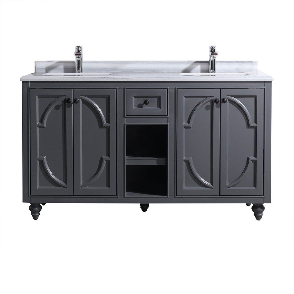 Odyssey 60" Maple Grey Double Sink Bathroom Vanity with White Stripes Marble Countertop