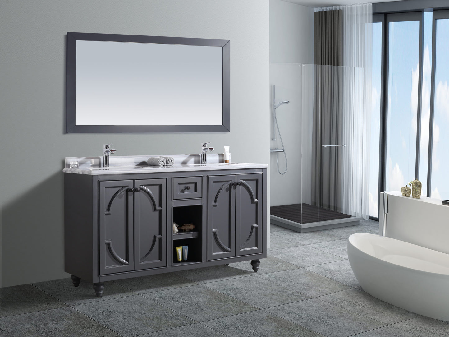 Odyssey 60" Maple Grey Double Sink Bathroom Vanity with White Stripes Marble Countertop