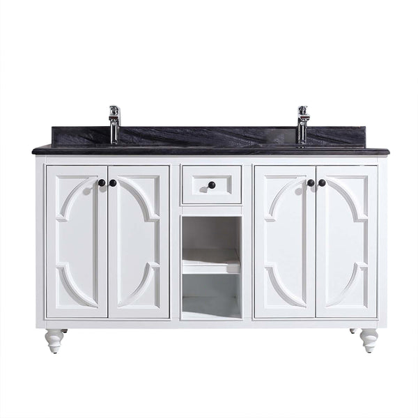 Odyssey 60 White Double Sink Bathroom Vanity with Black Wood Marble Countertop