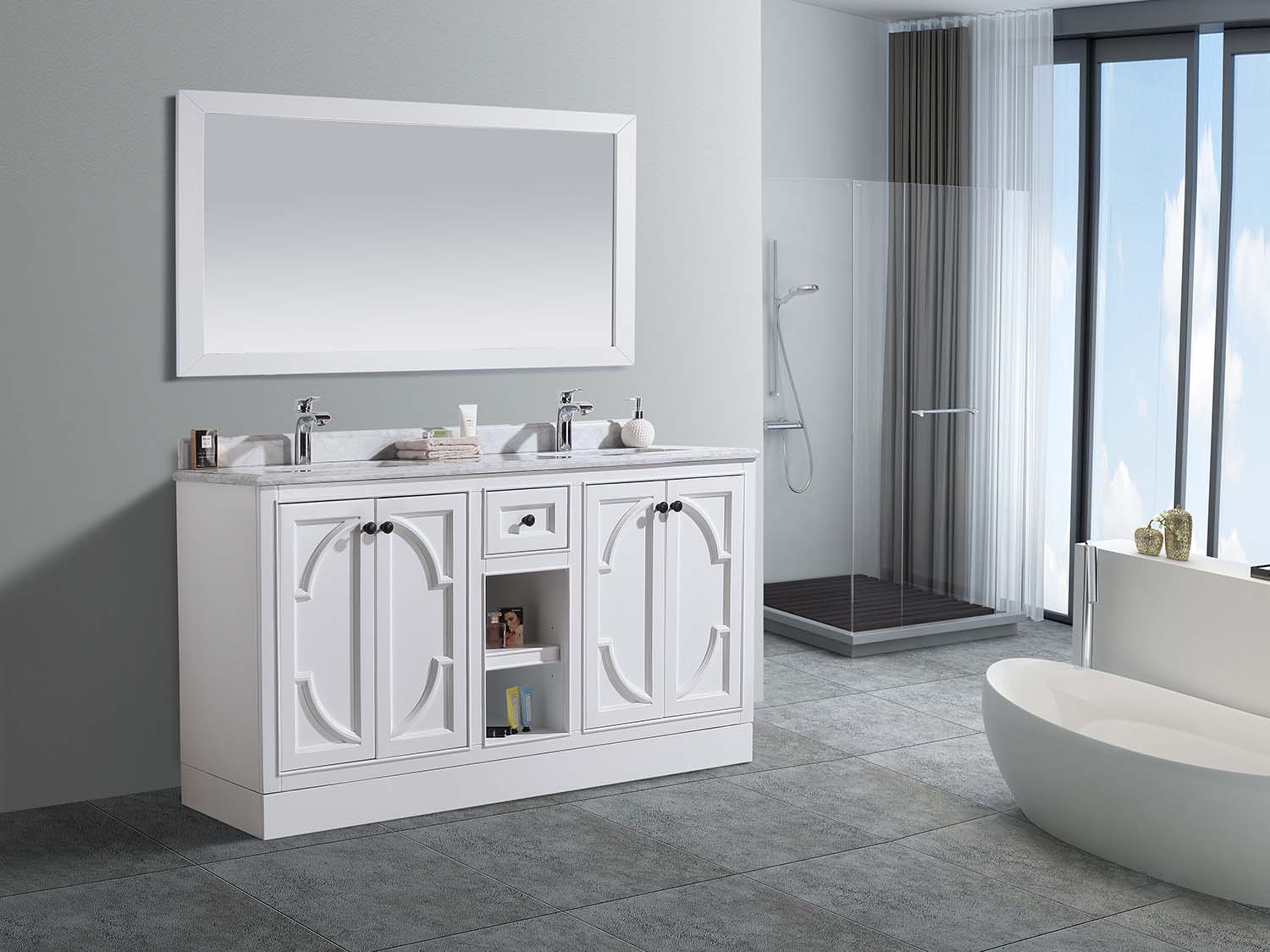 Odyssey 60" White Double Sink Bathroom Vanity with Black Wood Marble Countertop