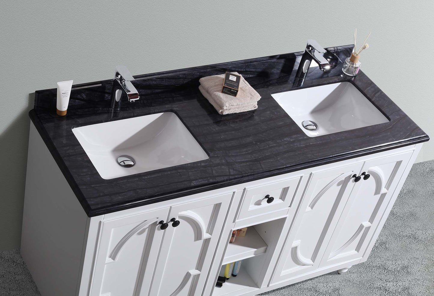 Odyssey 60" White Double Sink Bathroom Vanity with Black Wood Marble Countertop