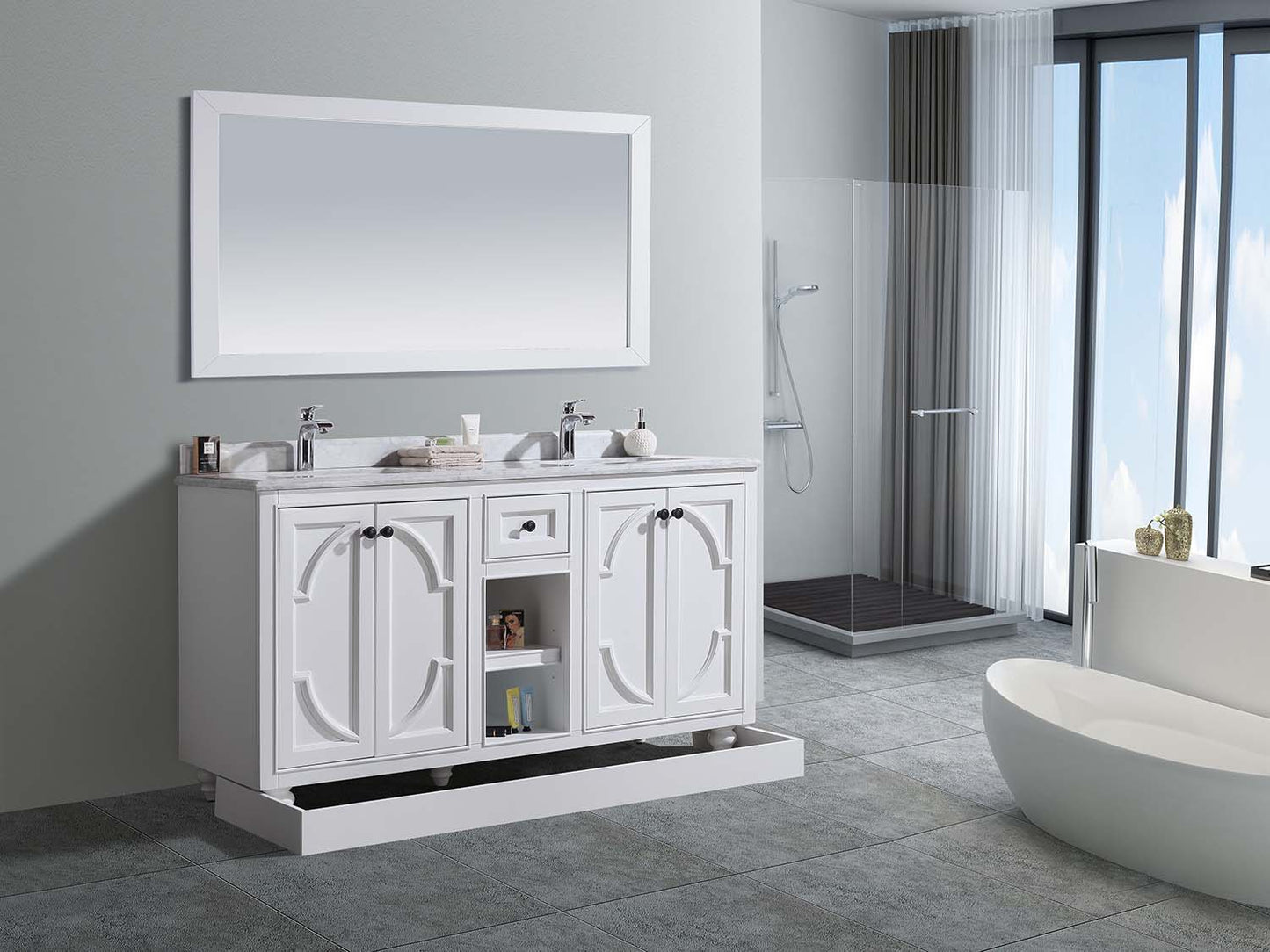 Odyssey 60" White Double Sink Bathroom Vanity with Black Wood Marble Countertop