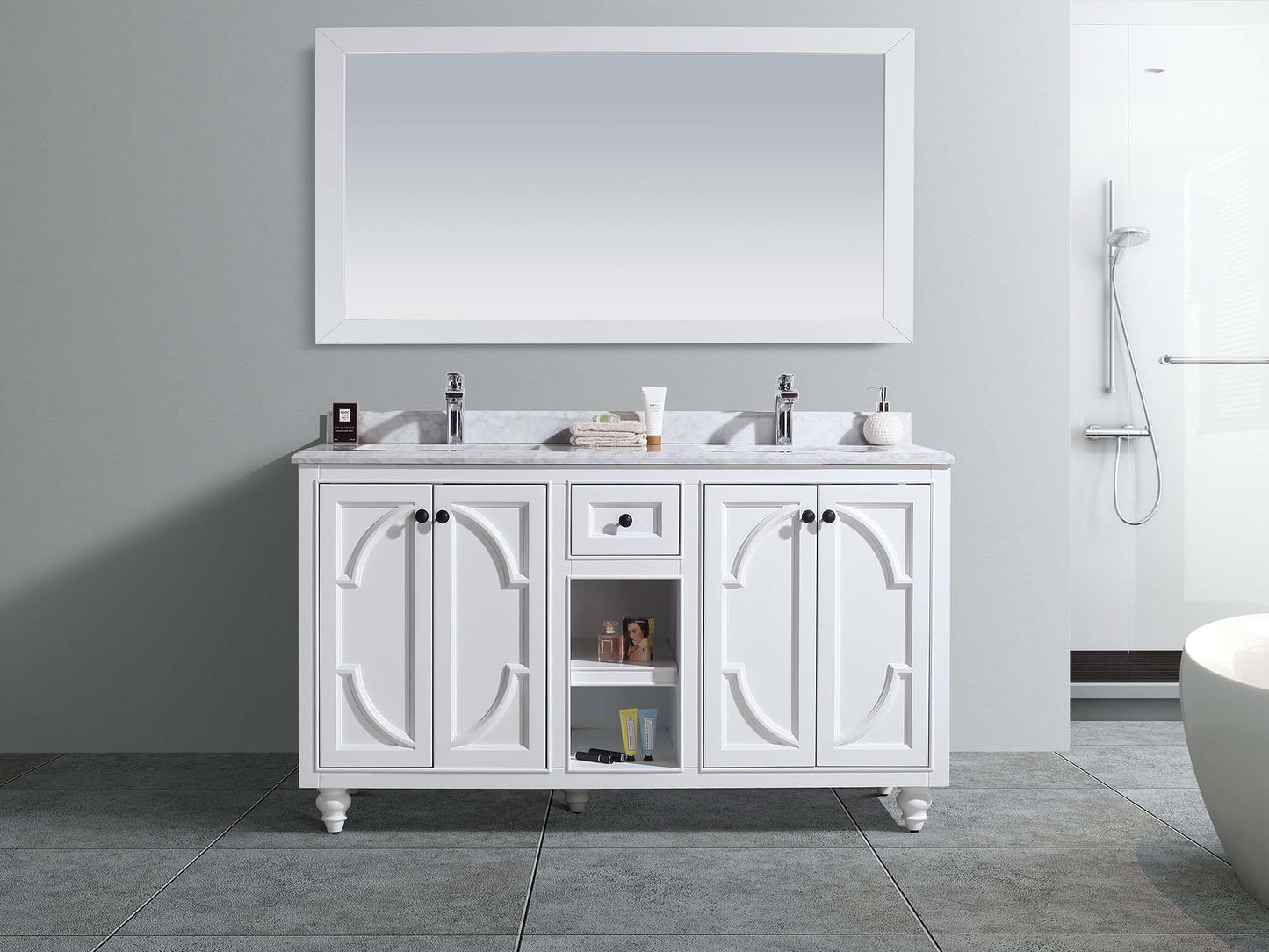 Odyssey 60" White Double Sink Bathroom Vanity with White Carrara Marble Countertop