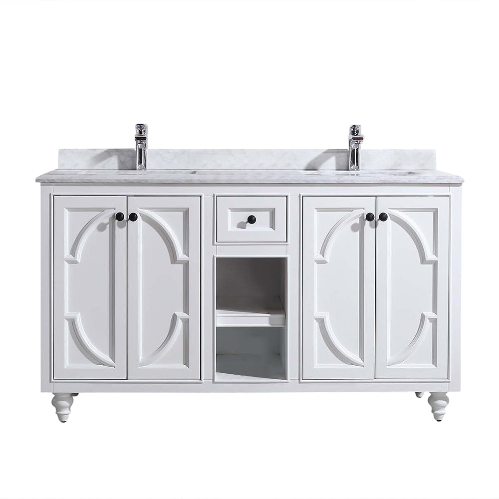 Odyssey 60" White Double Sink Bathroom Vanity with White Carrara Marble Countertop