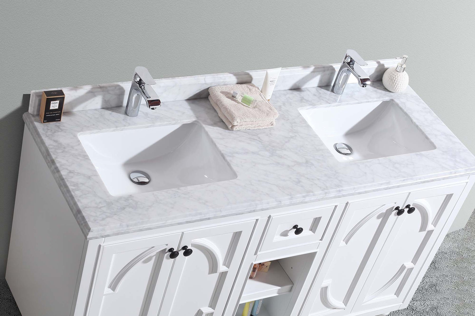 Odyssey 60" White Double Sink Bathroom Vanity with White Carrara Marble Countertop