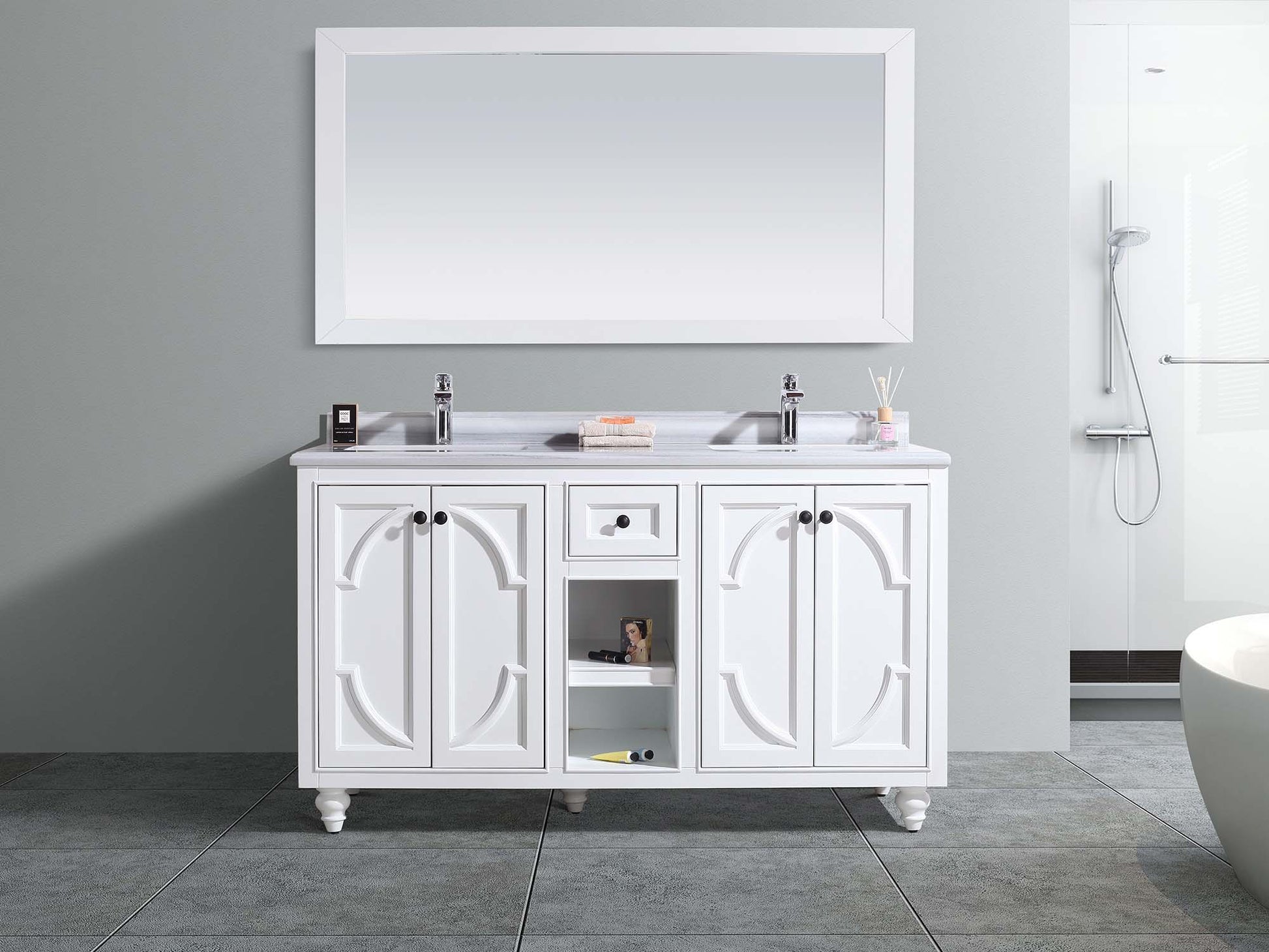 Odyssey 60" White Double Sink Bathroom Vanity with White Stripes Marble Countertop