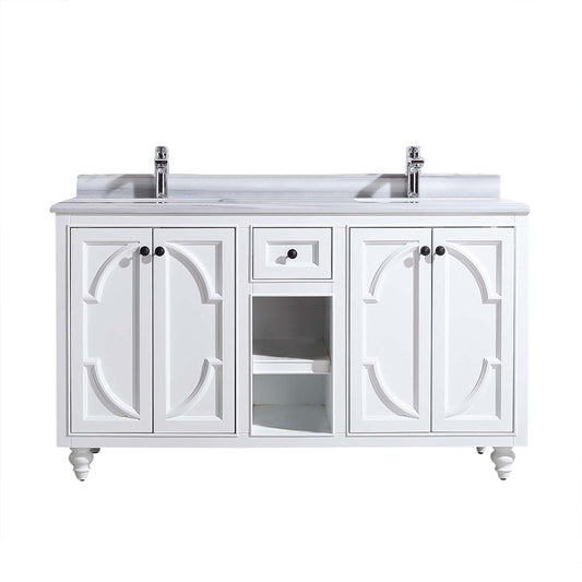 Odyssey 60" White Double Sink Bathroom Vanity with White Stripes Marble Countertop