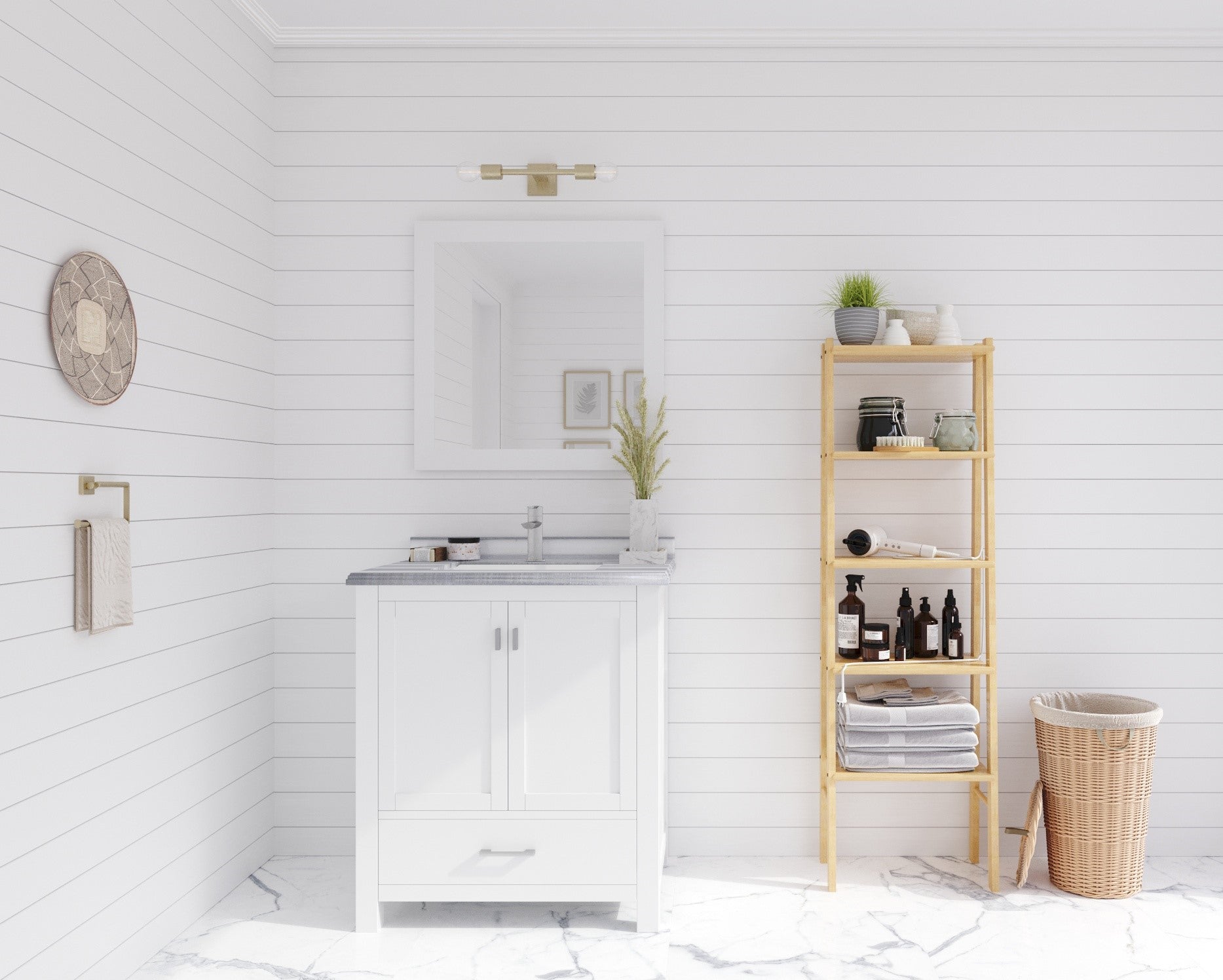 Wilson 30" White Bathroom Vanity with White Stripes Marble Countertop