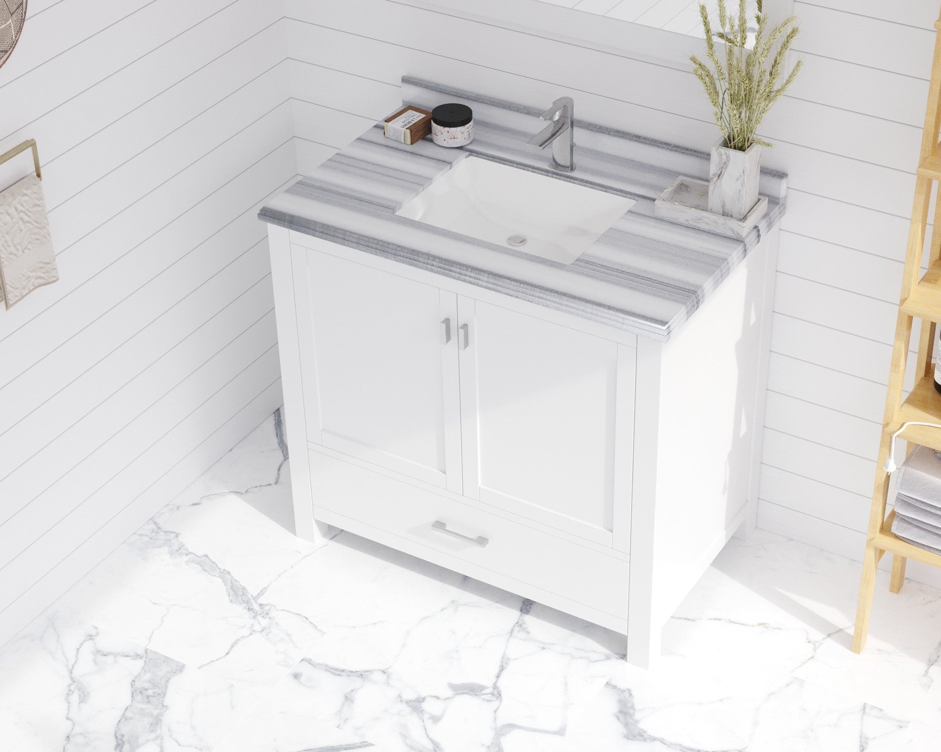 Wilson 36" White Bathroom Vanity with White Stripes Marble Countertop