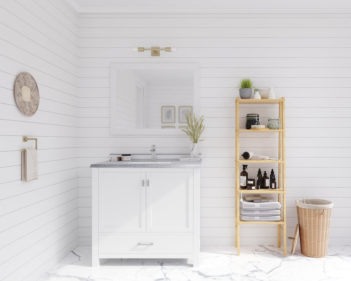 Wilson 36" White Bathroom Vanity with White Stripes Marble Countertop