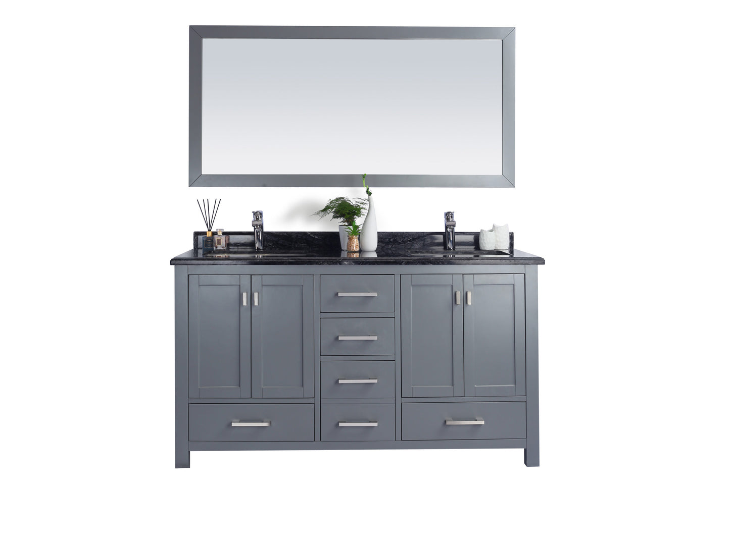 Wilson 60" Grey Double Sink Bathroom Vanity with Black Wood Marble Countertop