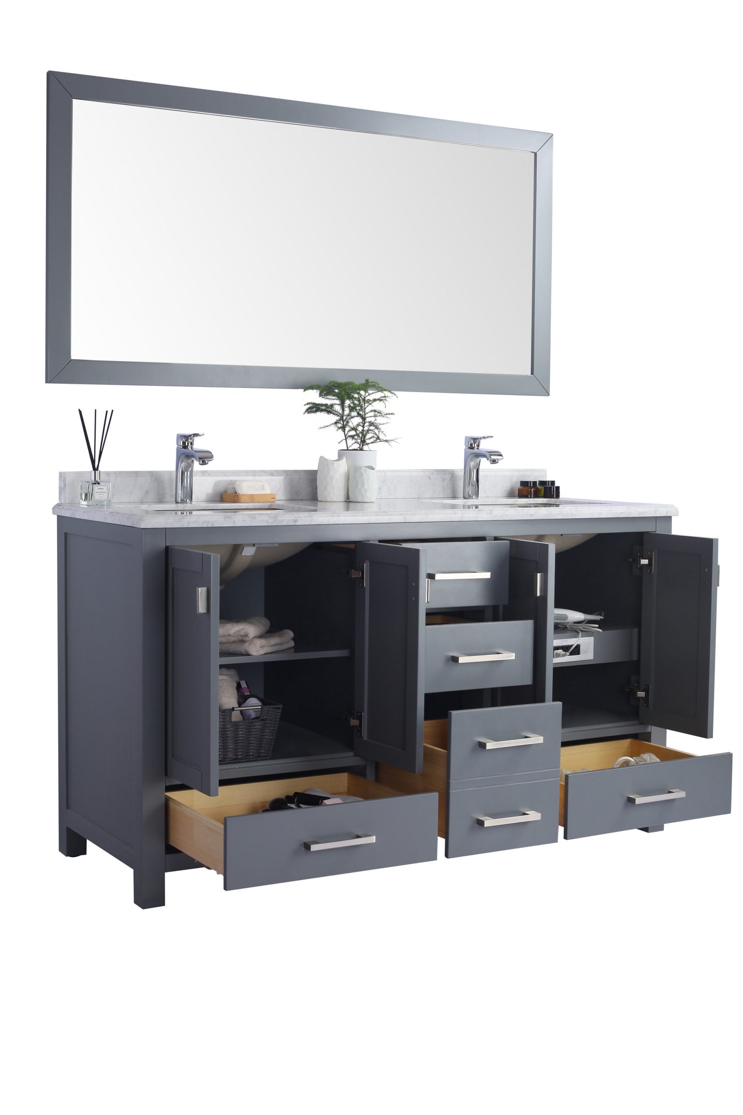 Wilson 60" Grey Double Sink Bathroom Vanity with Black Wood Marble Countertop