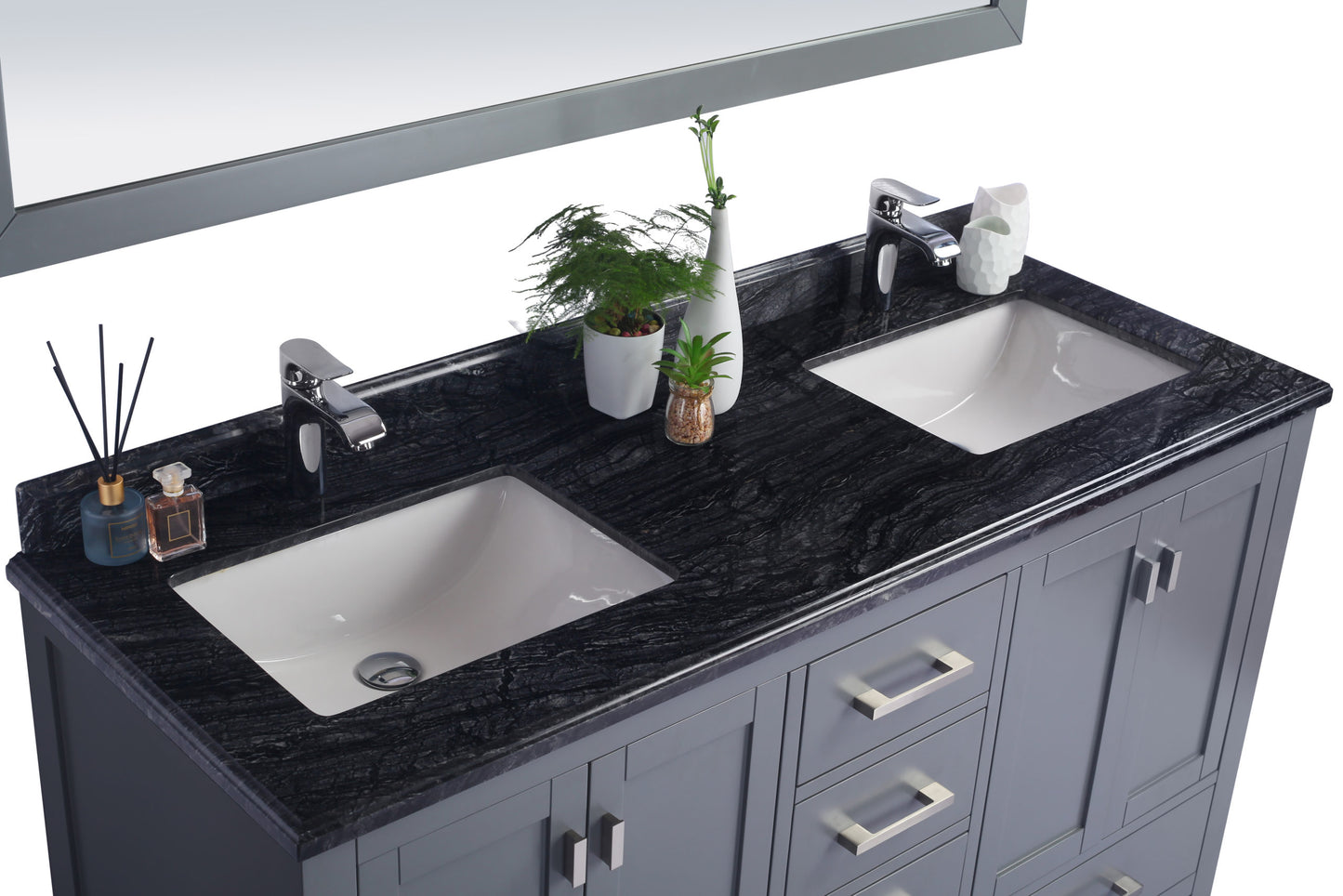 Wilson 60" Grey Double Sink Bathroom Vanity with Black Wood Marble Countertop