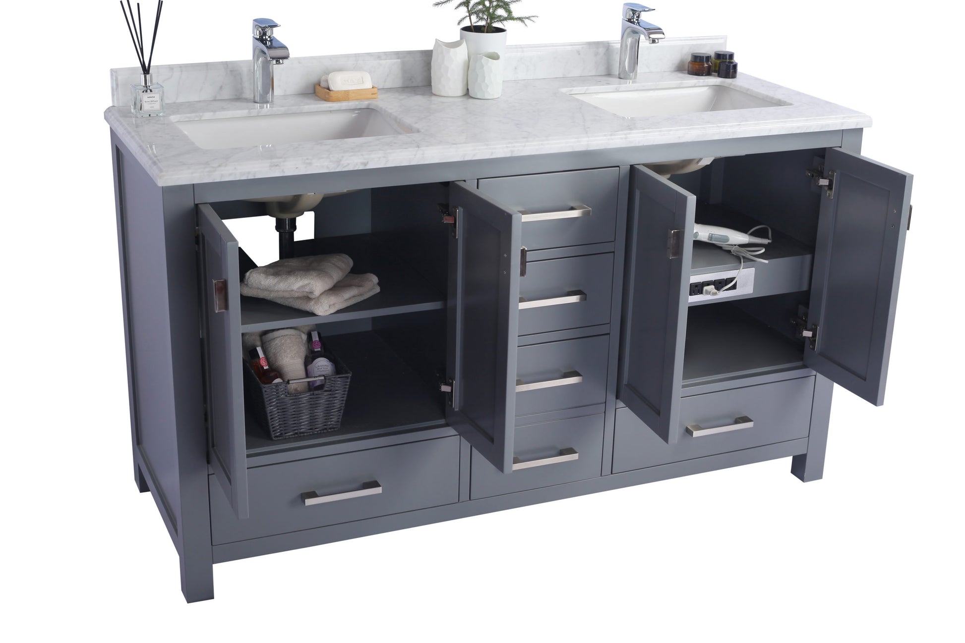 Wilson 60" Grey Double Sink Bathroom Vanity with Black Wood Marble Countertop