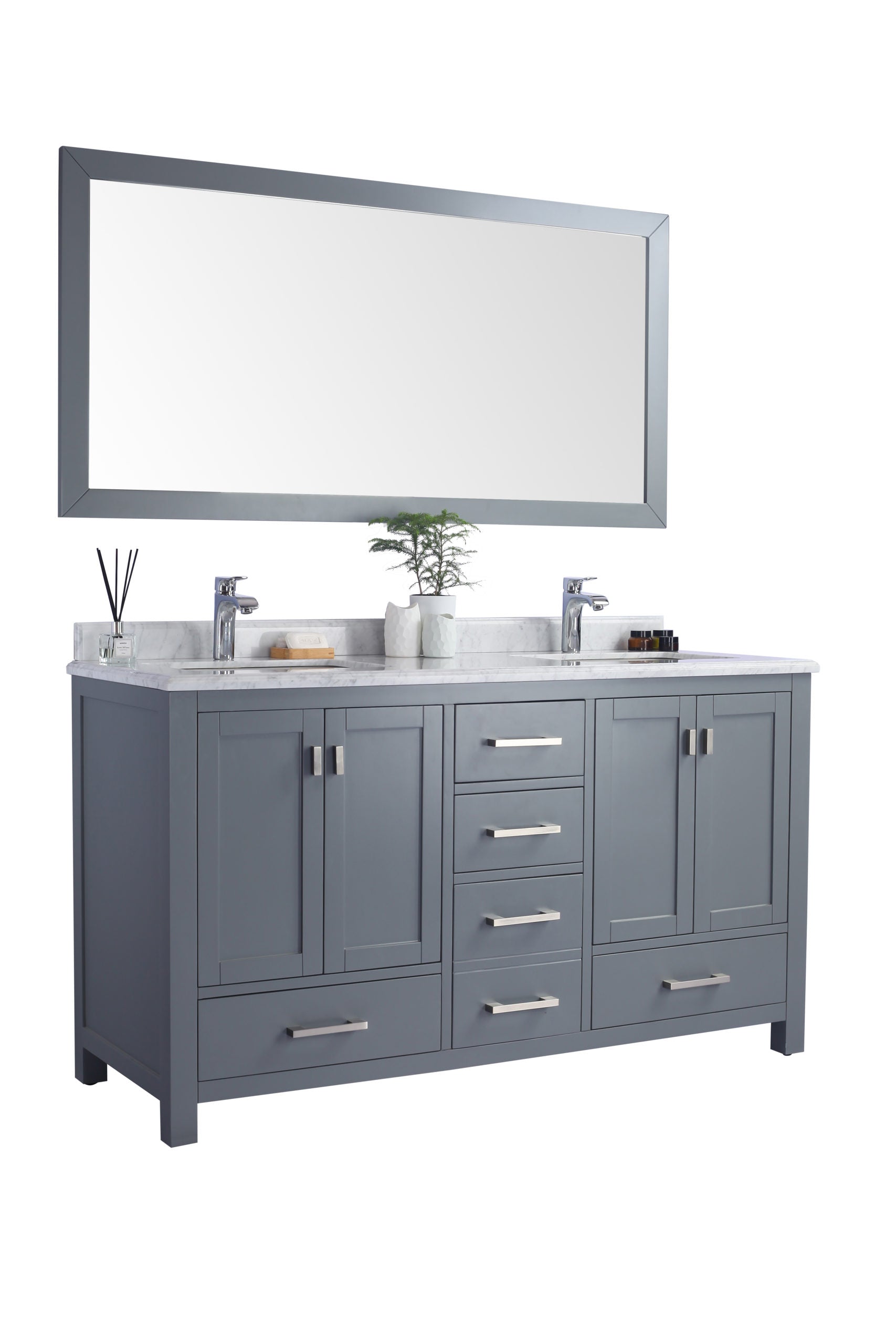 Wilson 60" Grey Double Sink Bathroom Vanity with White Carrara Marble Countertop