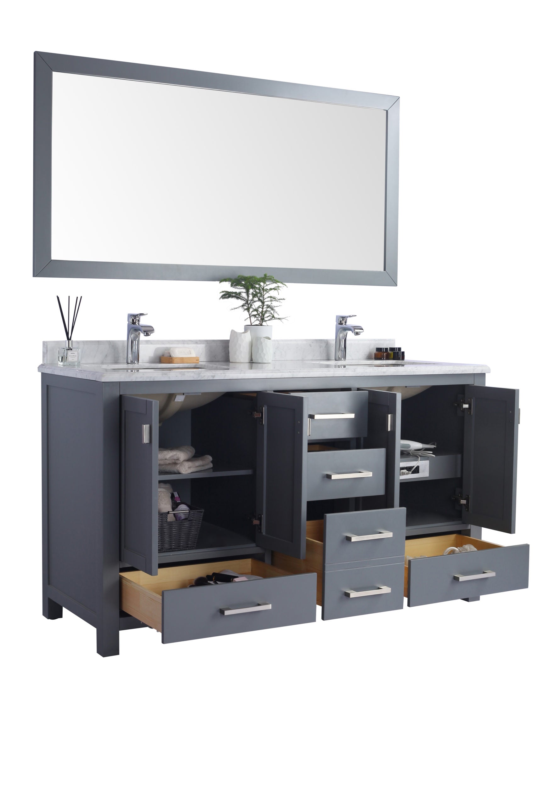 Wilson 60" Grey Double Sink Bathroom Vanity with White Carrara Marble Countertop