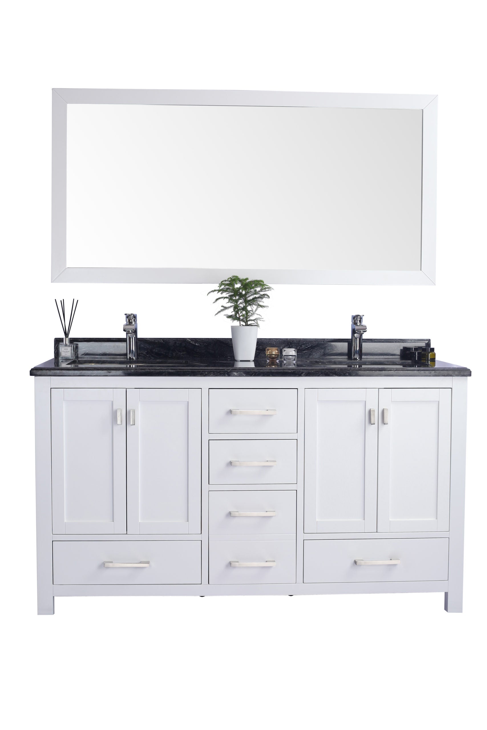 Wilson 60" White Double Sink Bathroom Vanity with Black Wood Marble Countertop