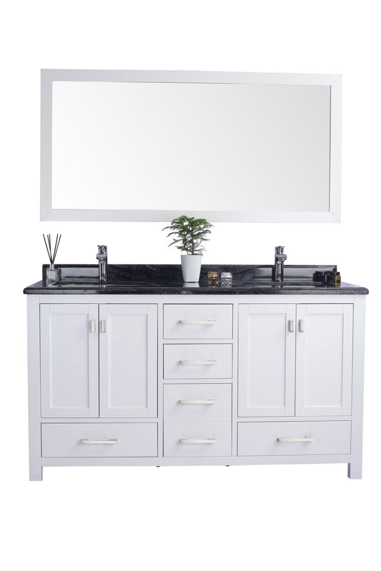 Wilson 60" White Double Sink Bathroom Vanity with Black Wood Marble Countertop