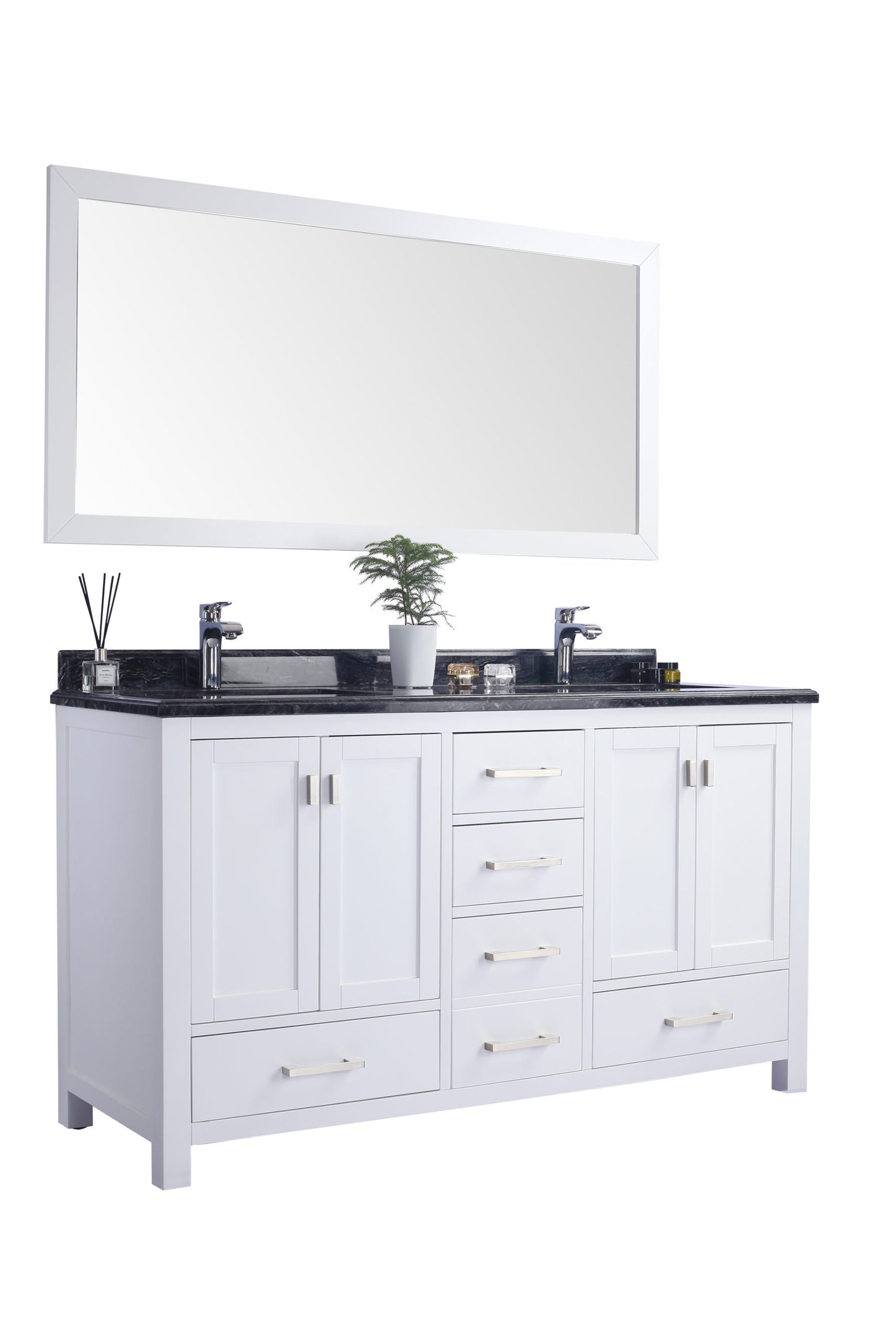 Wilson 60" White Double Sink Bathroom Vanity with Black Wood Marble Countertop