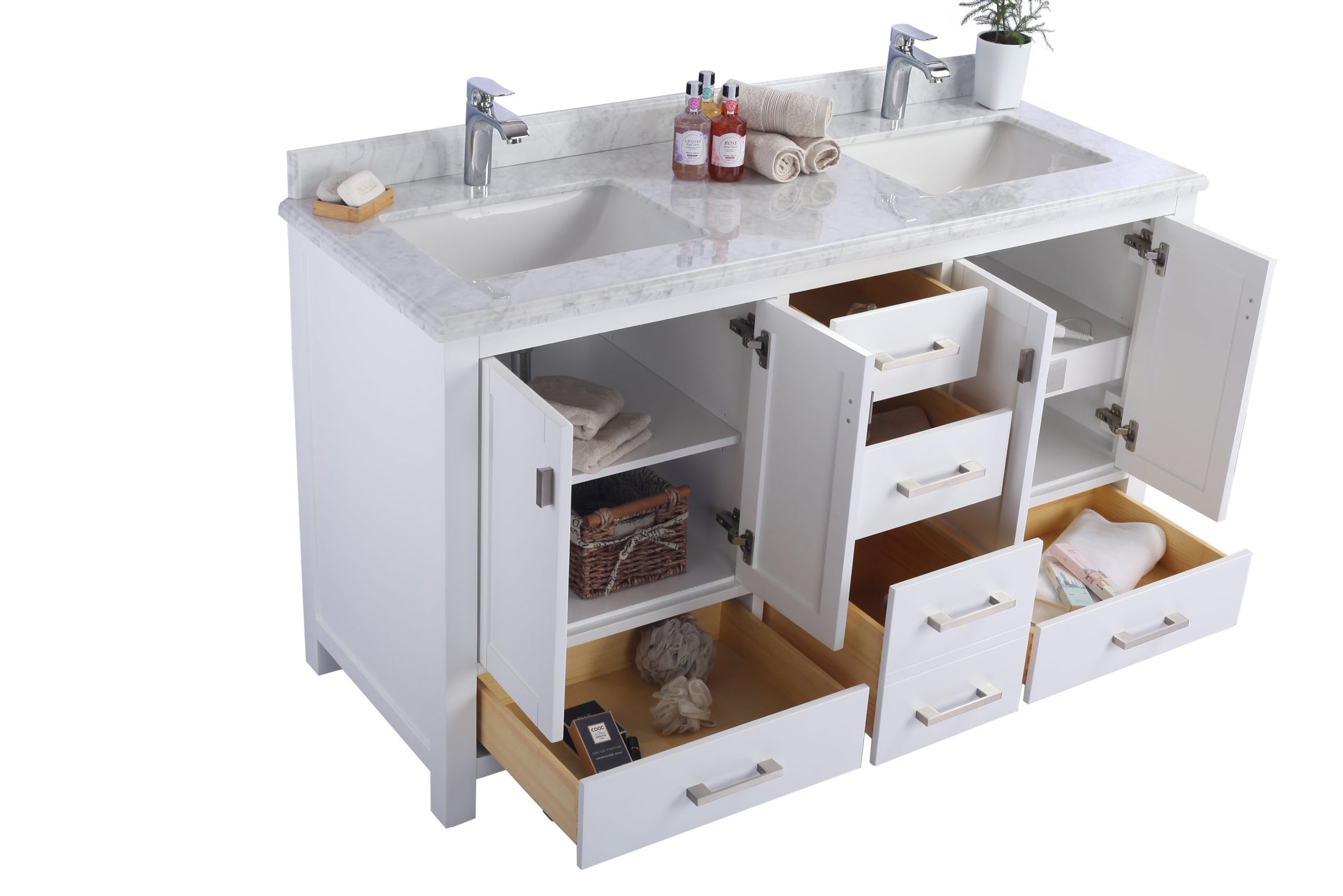 Wilson 60" White Double Sink Bathroom Vanity with White Carrara Marble Countertop