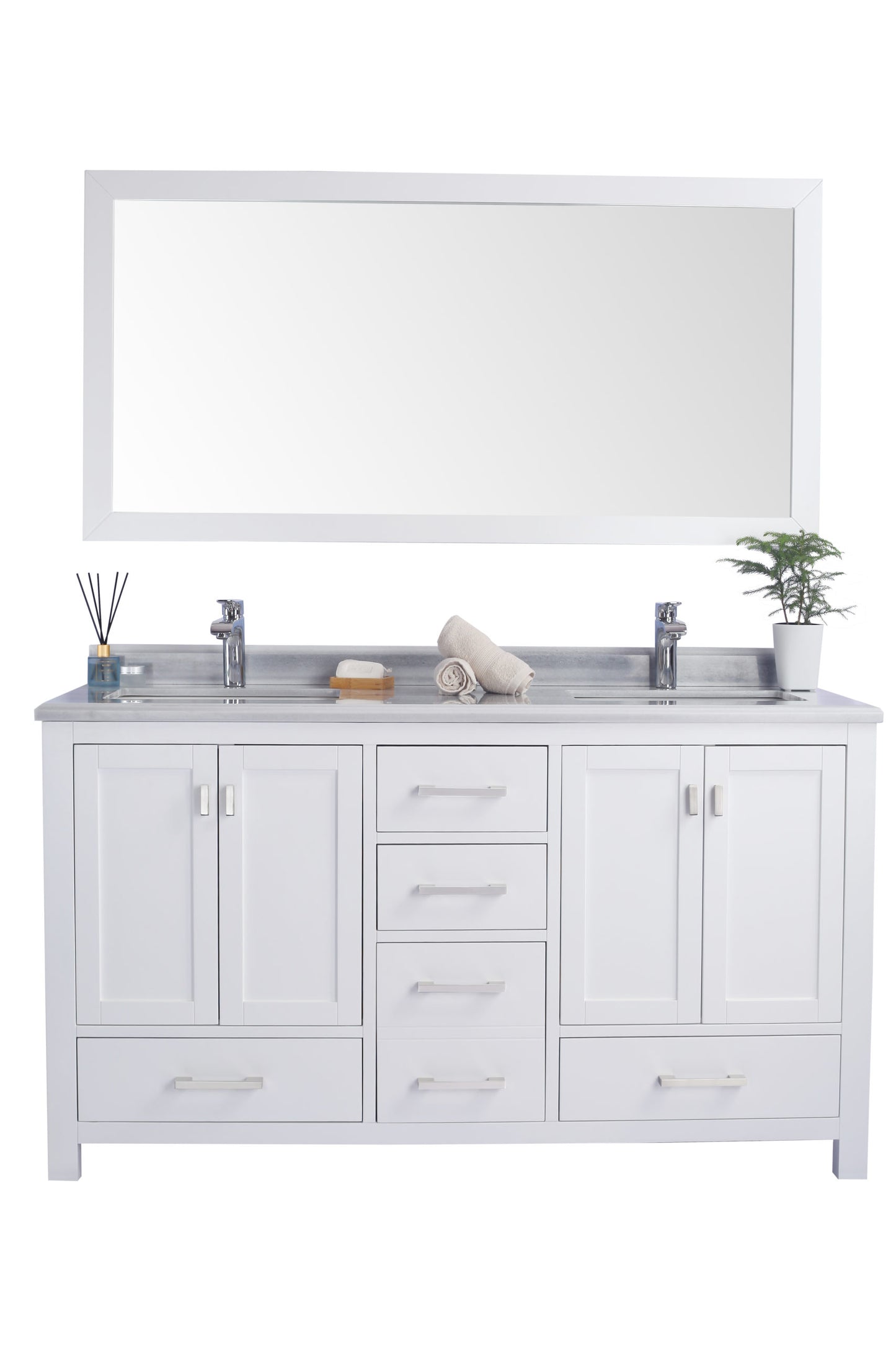 Wilson 60" White Double Sink Bathroom Vanity with White Stripes Marble Countertop