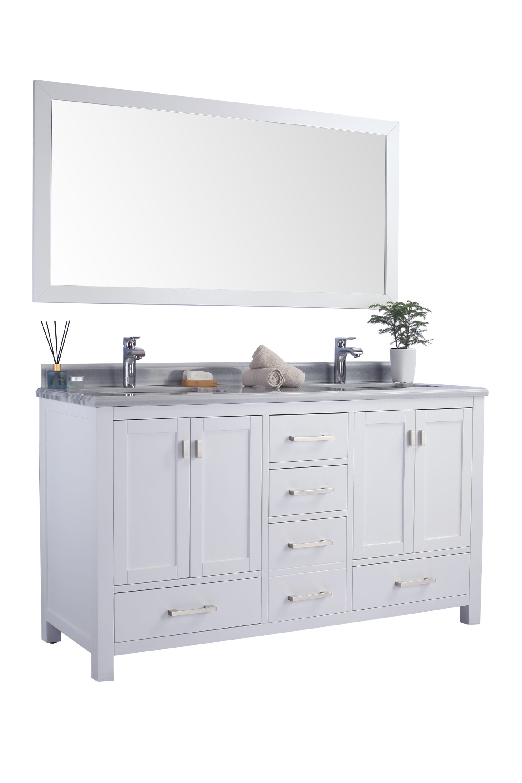 Wilson 60" White Double Sink Bathroom Vanity with White Stripes Marble Countertop