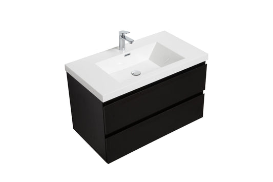 Aurora 36" Matte Midnight Black Wall Hung Bathroom Vanity with White Acrylic Countertop