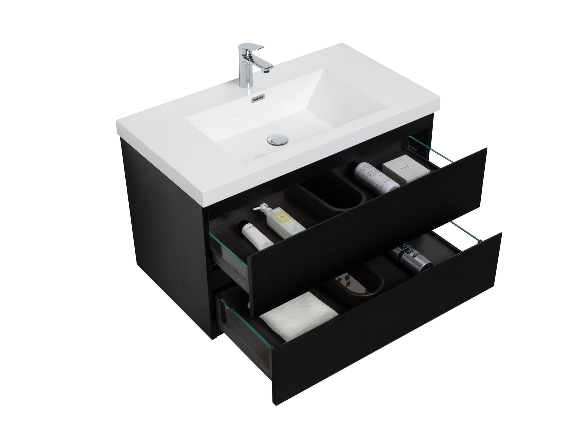 Aurora 36" Matte Midnight Black Wall Hung Bathroom Vanity with White Acrylic Countertop