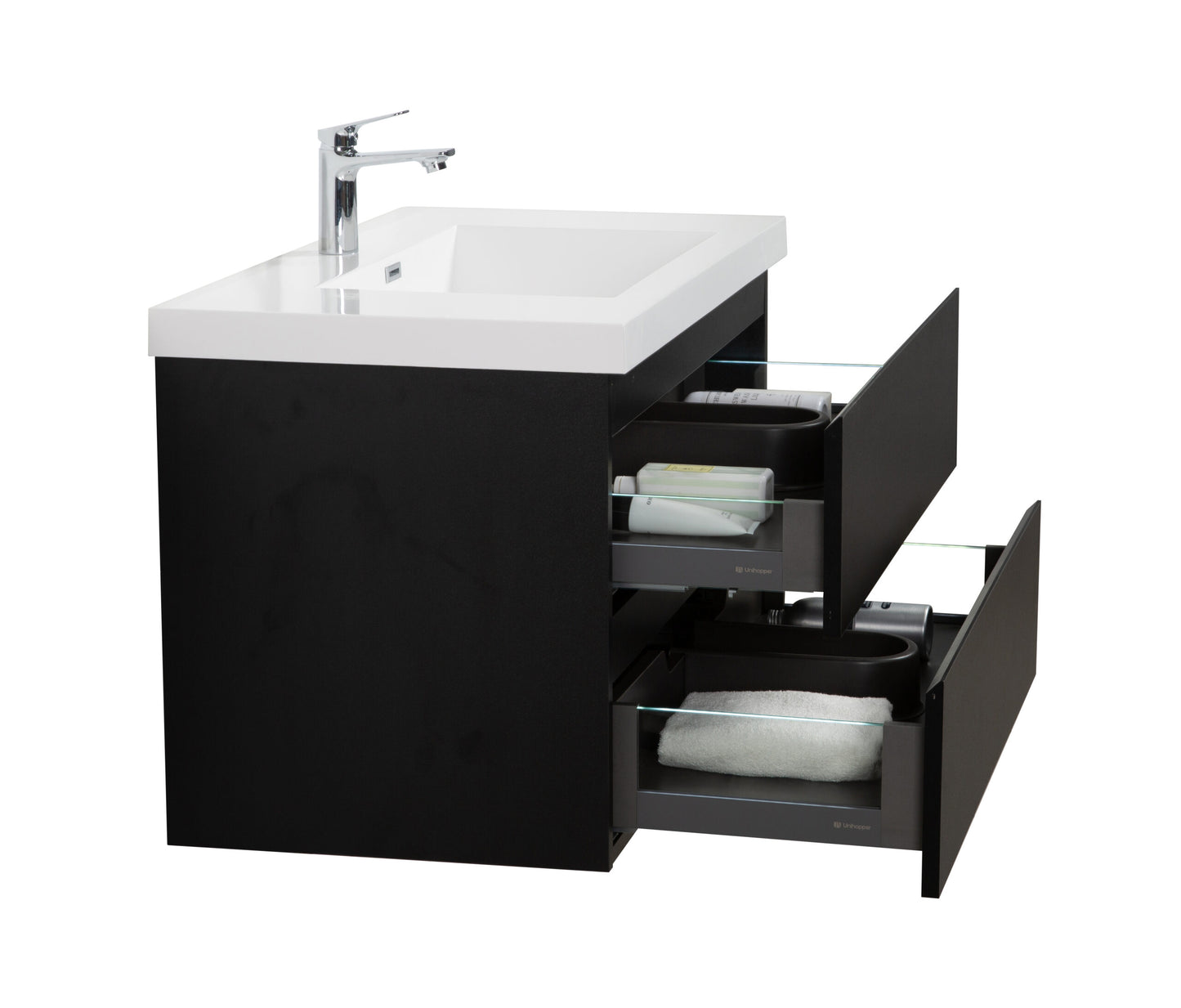 Aurora 36" Matte Midnight Black Wall Hung Bathroom Vanity with White Acrylic Countertop