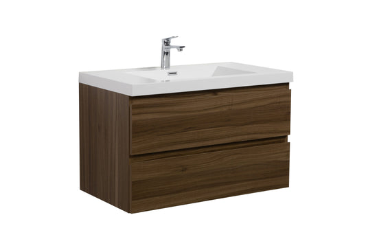 Aurora 36" Smokey Walnut Wall Hung Bathroom Vanity with White Acrylic Countertop