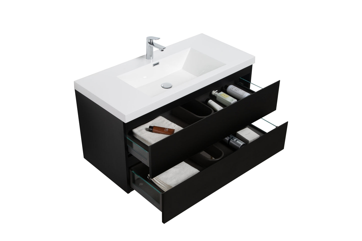 Aurora 42" Matte Midnight Black Wall Hung Bathroom Vanity with White Acrylic Countertop