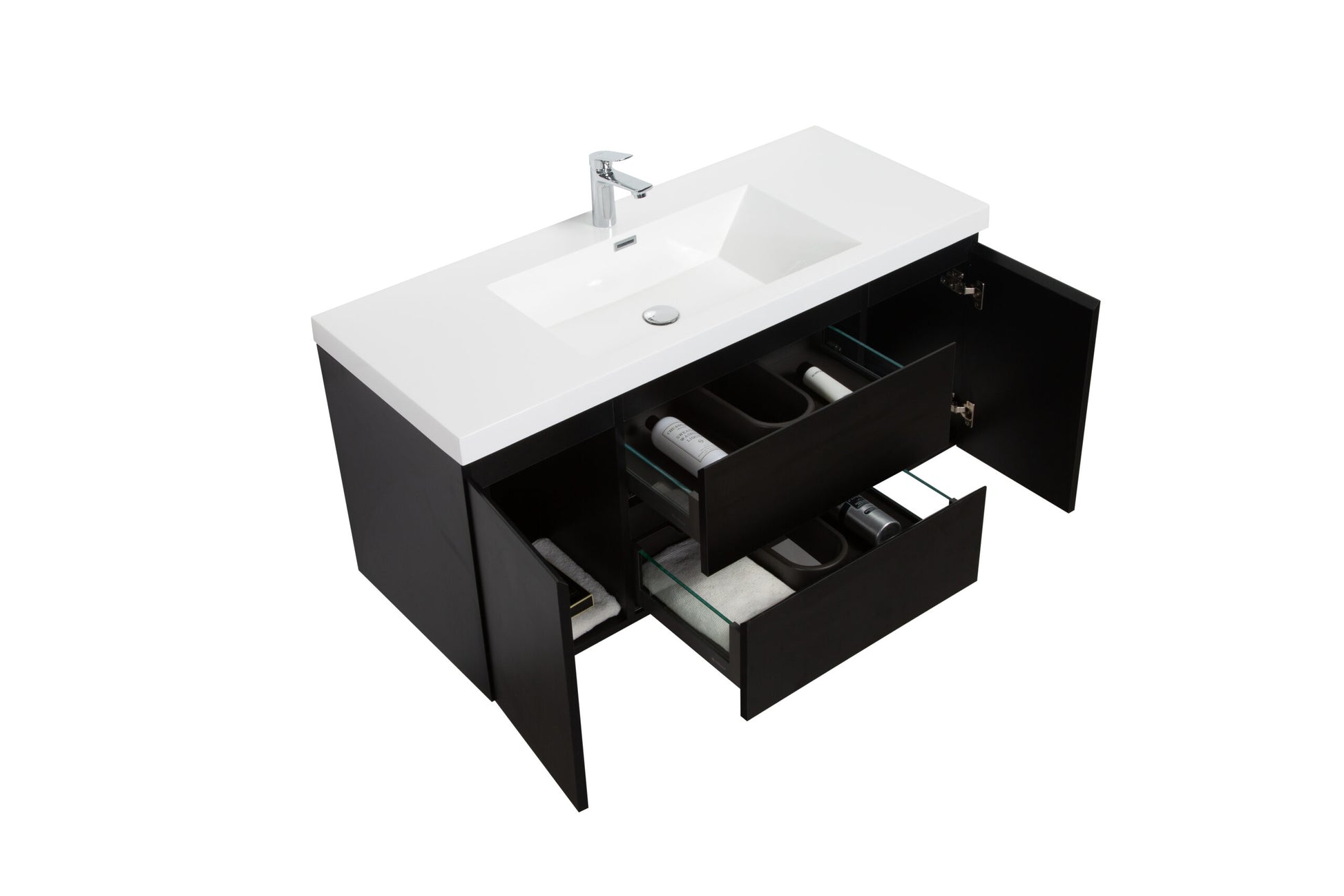 Aurora 48" Matte Midnight Black Wall Hung Bathroom Vanity with White Acrylic Countertop