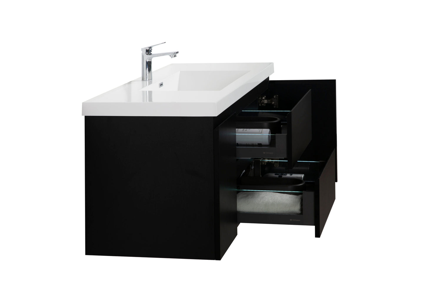 Aurora 48" Matte Midnight Black Wall Hung Bathroom Vanity with White Acrylic Countertop