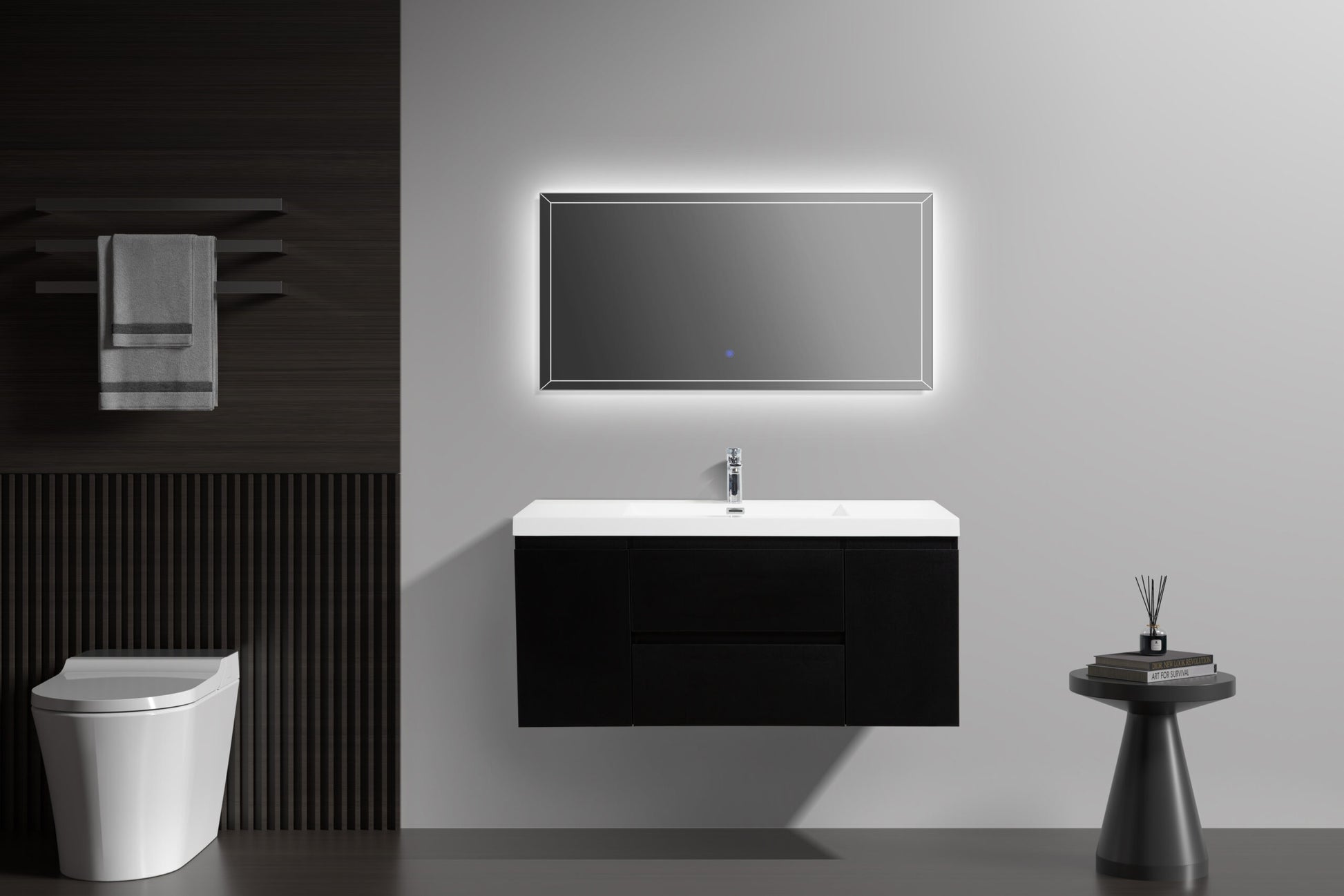 Aurora 48" Matte Midnight Black Wall Hung Bathroom Vanity with White Acrylic Countertop