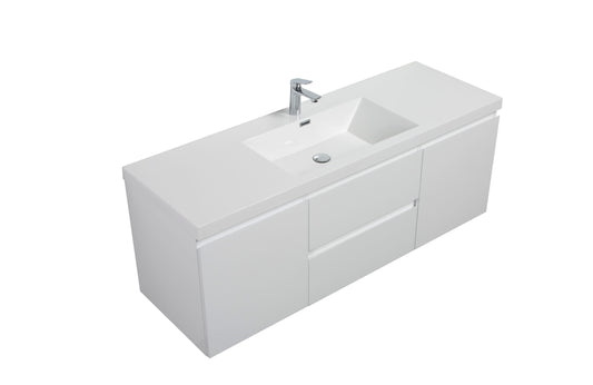 Aurora 60" Glossy Polar White Wall Hung Single Sink Bathroom Vanity with White Acrylic Countertop