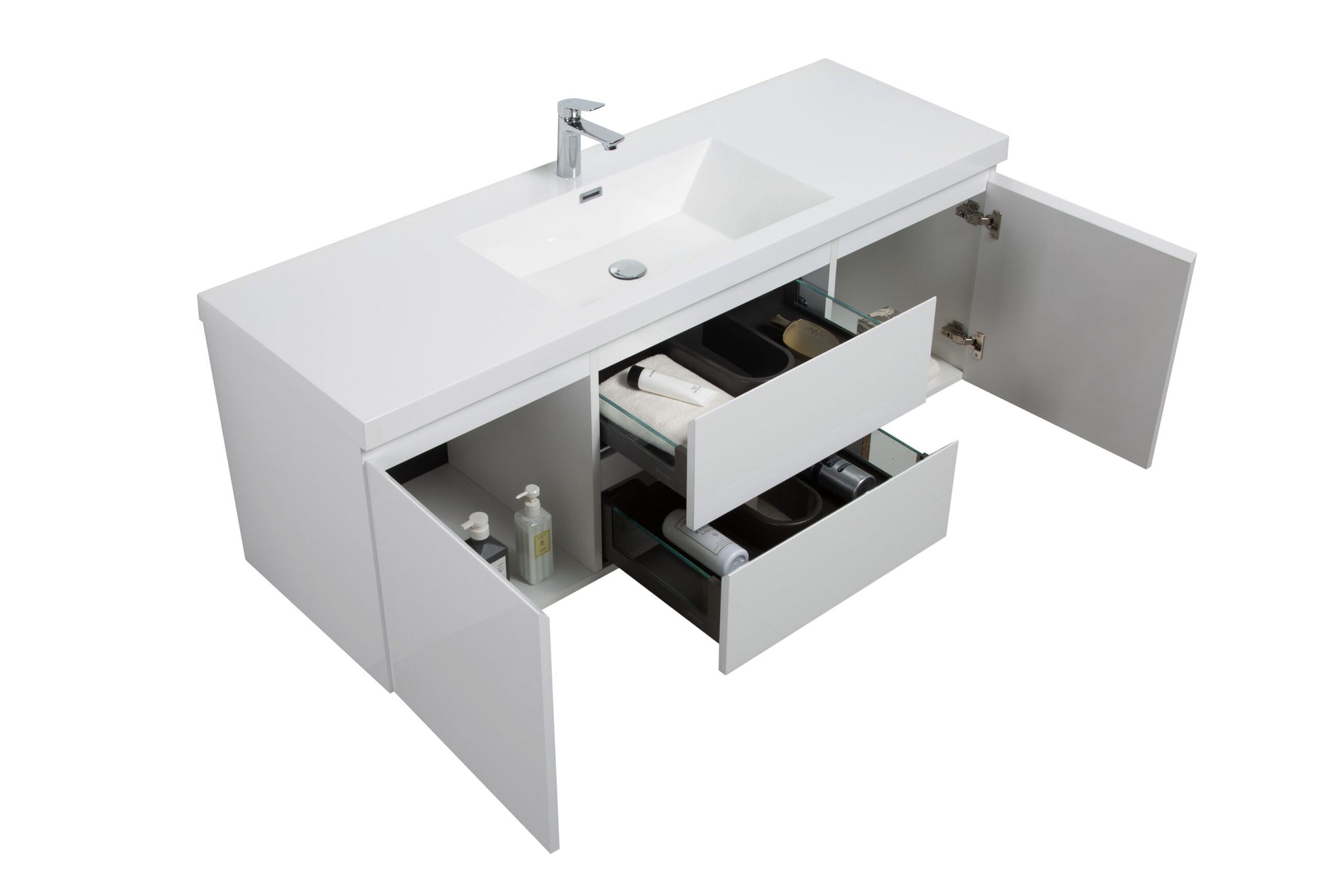 Aurora 60" Glossy Polar White Wall Hung Single Sink Bathroom Vanity with White Acrylic Countertop