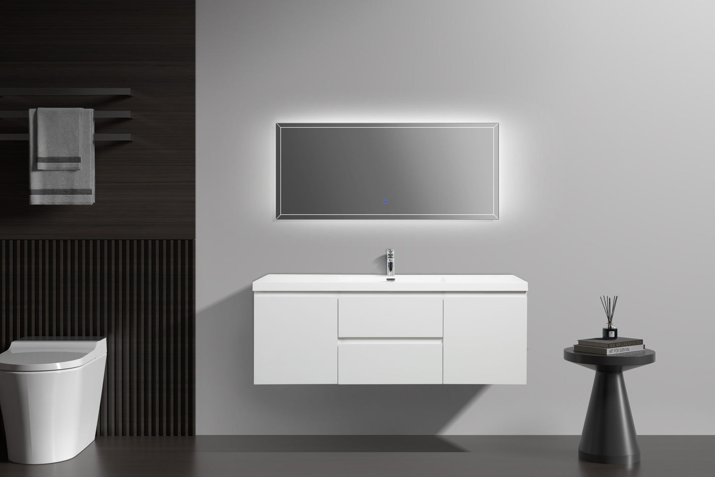 Aurora 60" Glossy Polar White Wall Hung Single Sink Bathroom Vanity with White Acrylic Countertop