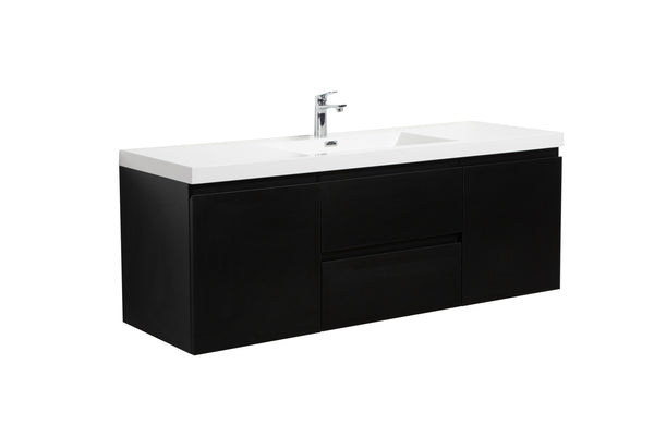 Aurora 60 Matte Midnight Black Wall Hung Single Sink Bathroom Vanity with White Acrylic Countertop