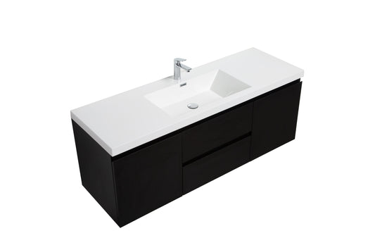 Aurora 60" Matte Midnight Black Wall Hung Single Sink Bathroom Vanity with White Acrylic Countertop