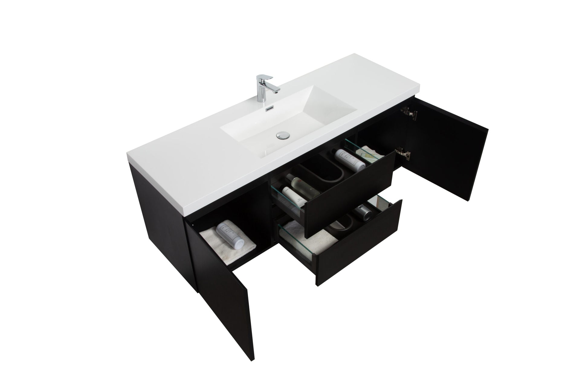 Aurora 60" Matte Midnight Black Wall Hung Single Sink Bathroom Vanity with White Acrylic Countertop