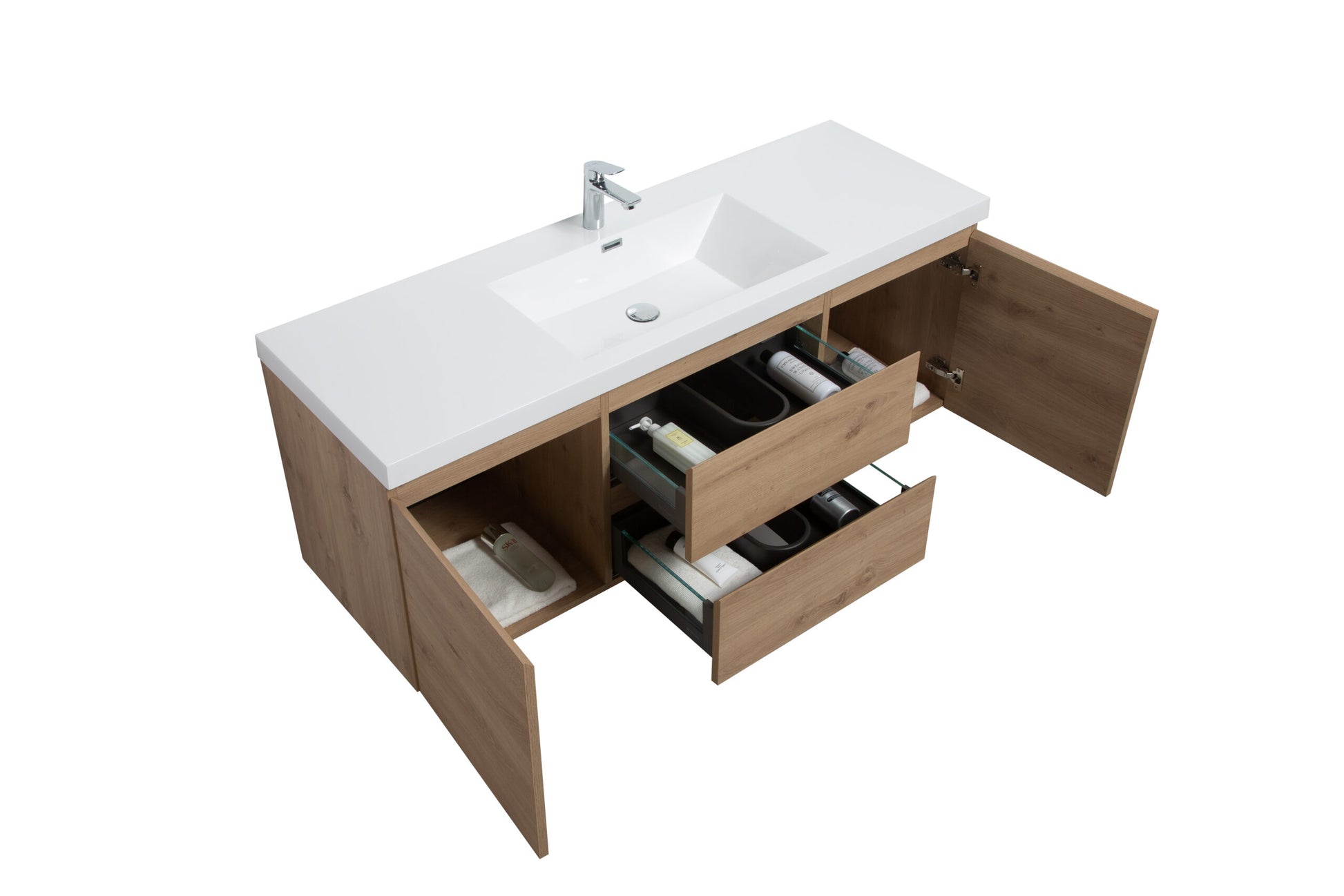 Aurora 60" Sonoma Oak Wall Hung Single Sink Bathroom Vanity with White Acrylic Countertop