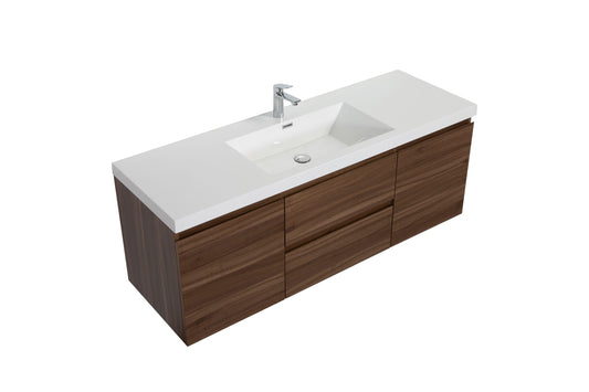 Aurora 60" Smokey Walnut Wall Hung Single Sink Bathroom Vanity with White Acrylic Countertop