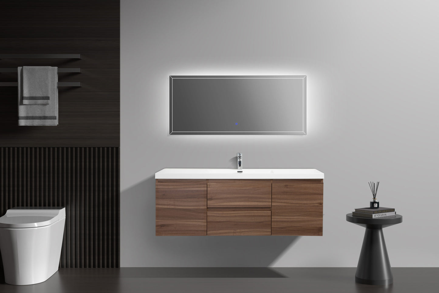 Aurora 60" Smokey Walnut Wall Hung Single Sink Bathroom Vanity with White Acrylic Countertop