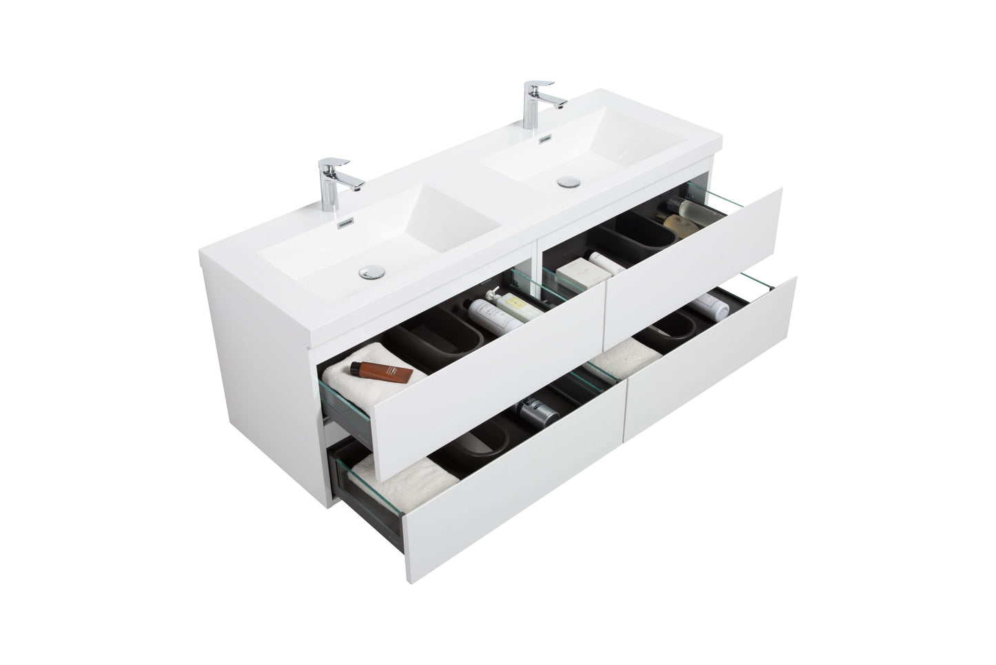 Aurora 60" Glossy Polar White Wall Hung Double Sink Bathroom Vanity with White Acrylic Countertop