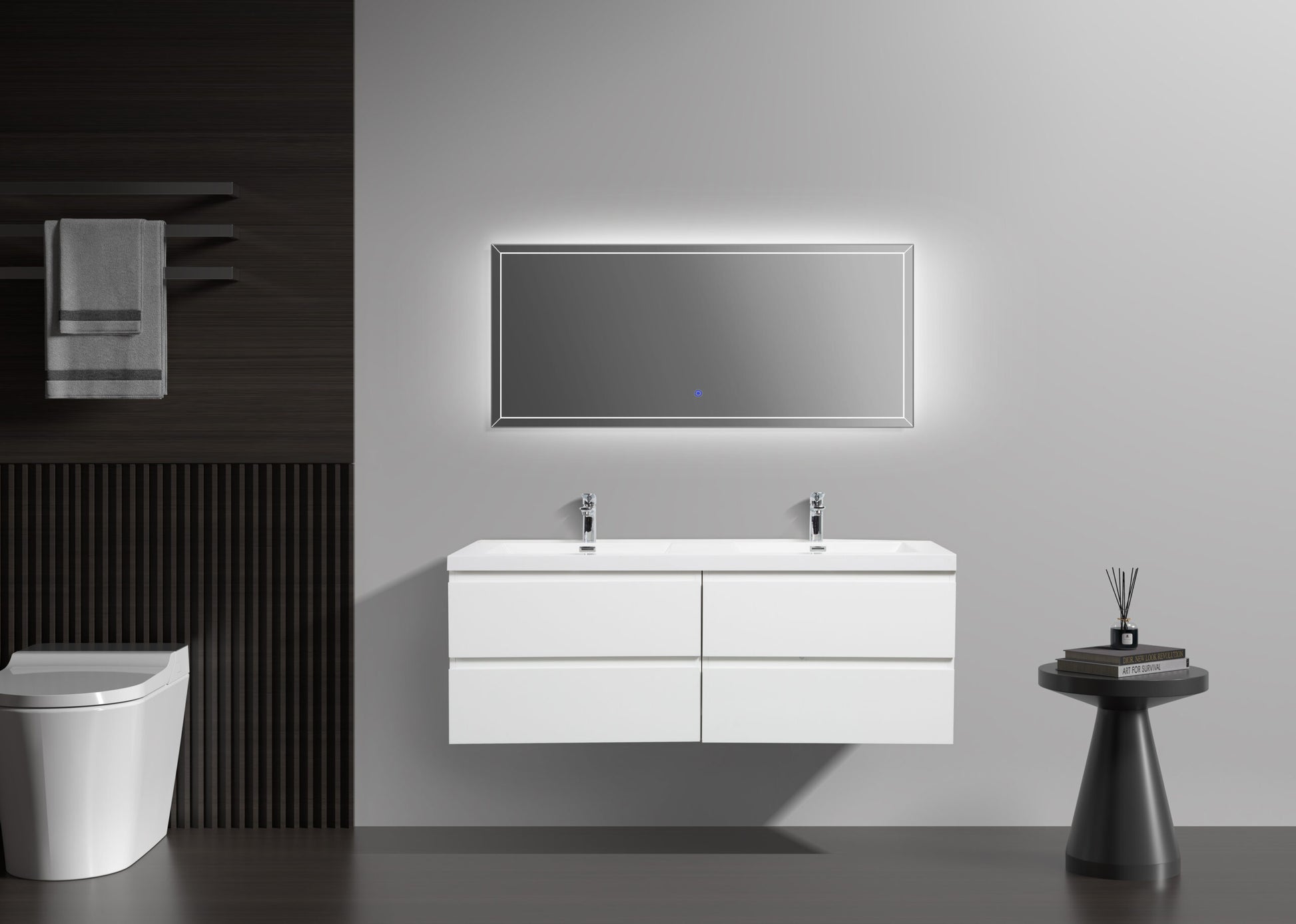 Aurora 60" Glossy Polar White Wall Hung Double Sink Bathroom Vanity with White Acrylic Countertop